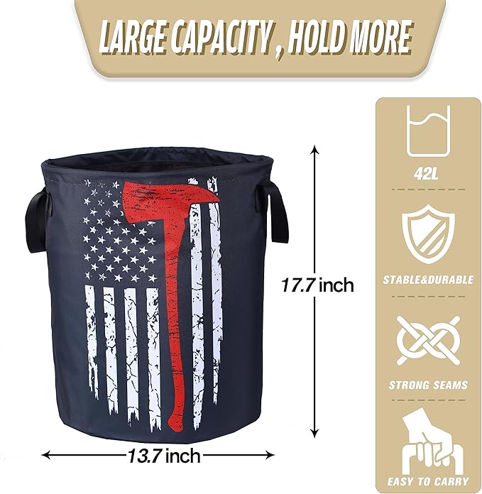 American Flag Red Line Ax Laundry Basket Firemen Foldable Oxford Cloth Funny