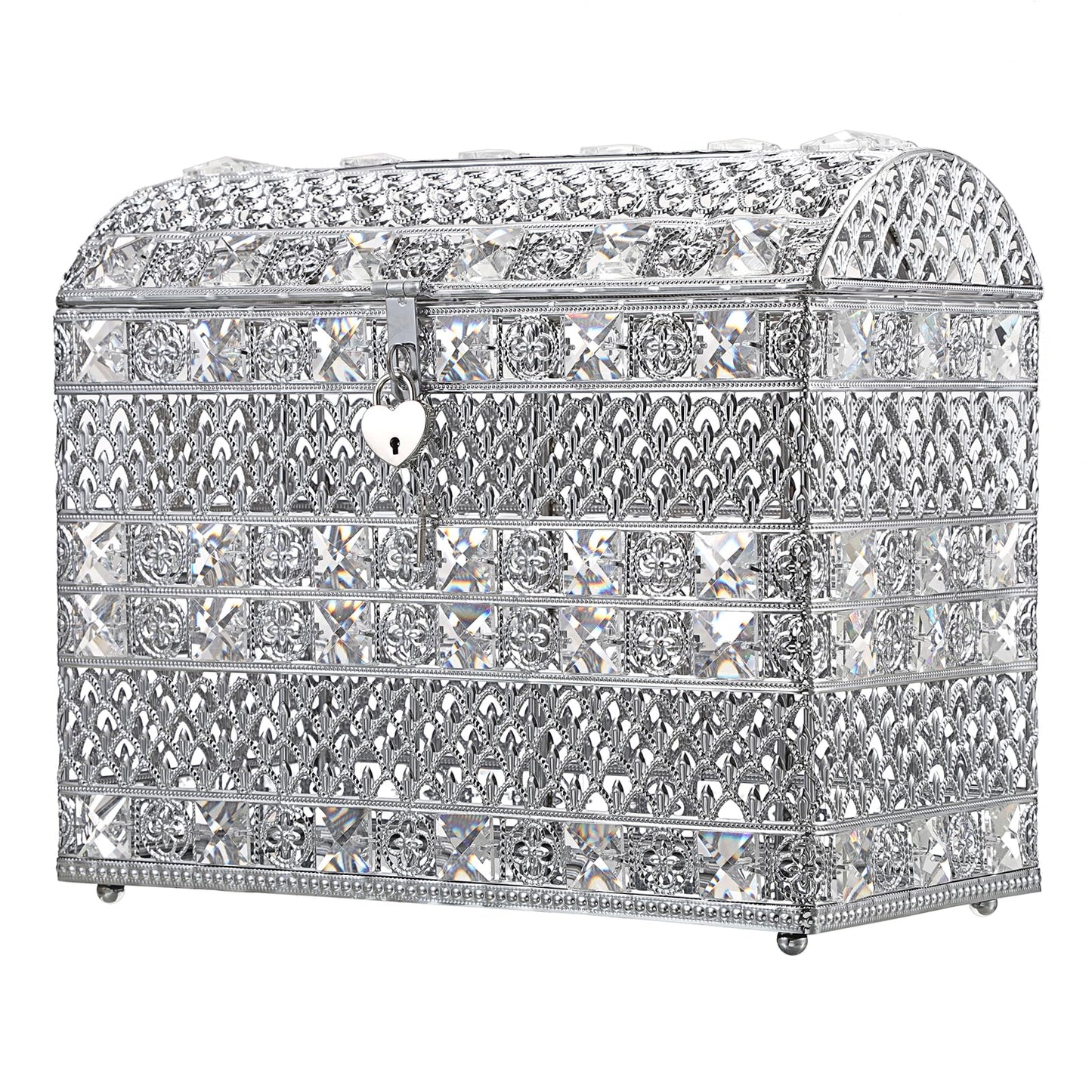 JUXYES Silver Sparkle Crystal Wedding Card Box With Lid for Reception, Gorgeous Treasure Chest Style Keepsake Envelope Box 12 Inches Large Card Receiving Box for Wedding, Reception, Birthday Party