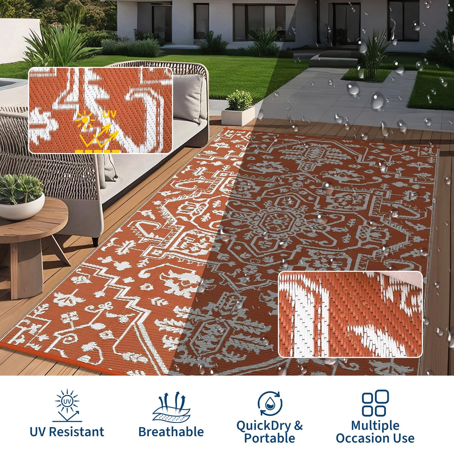 GlowSol Large 9x18 Outdoor Rug for Patios Waterproof Clearance Reversible Patio Mat Plastic Straw Rug RV Camping Mat Outside Carpet for Camping RV,Porch,Deck,Balcony,Camper,Backyard,Beach,Orange
