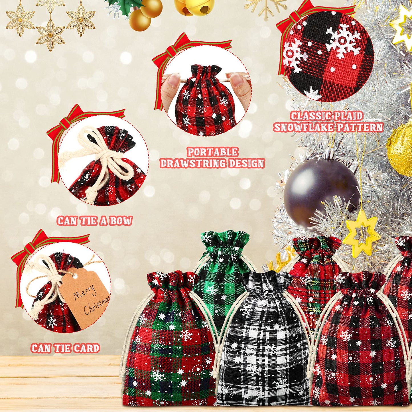 Shappy 25 Pieces Christmas Drawstring Bags 4 x 6 Inch Small Xmas Buffalo Plaid Bags with Snowflake Pattern Linen Cloth Gift Treat Bag for Christmas Holiday Party Favor