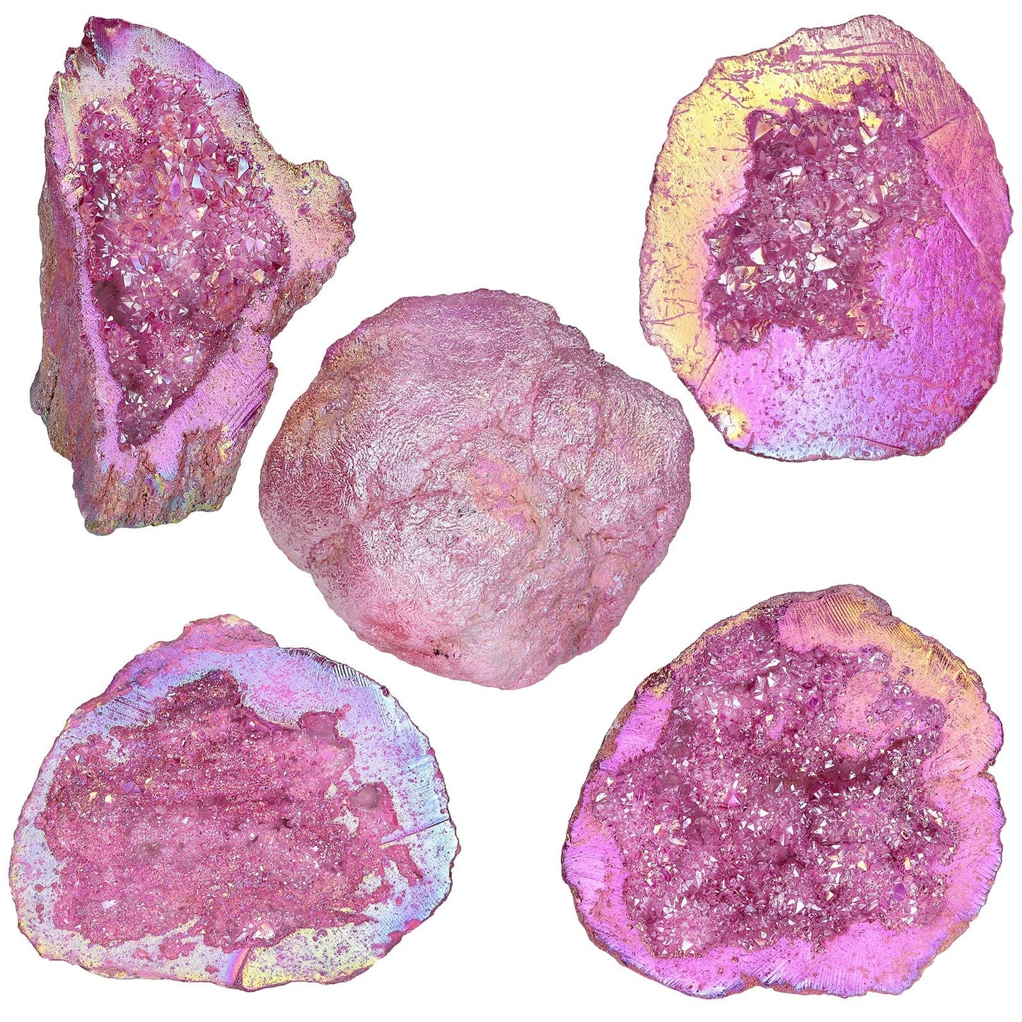 TUMBEELLUWA Irregular Titanium Coated Crystal Geode Stone Decor Natural Rainbow Rock Crystal Cluster Specimen for Home & Office, Fuchsia