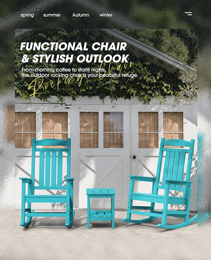 KINGYES HDPE Rocking Chairs Outdoor, Patio Rocking Chairs with 330lbs Support, Smooth Porch Rocker for Deck Lawn Yard, Aruba Blue