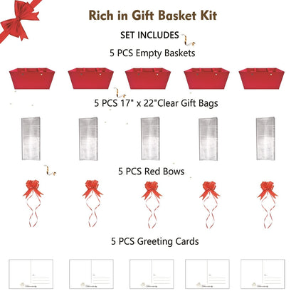 Baskets For Gifts Empty, 5 PCS Red Gift Bags With Handles DIY Kit, Gift Basket Empty To Fill Bulk For Party Favors Wedding Birthday Christmas Valentines Holiday Thank You