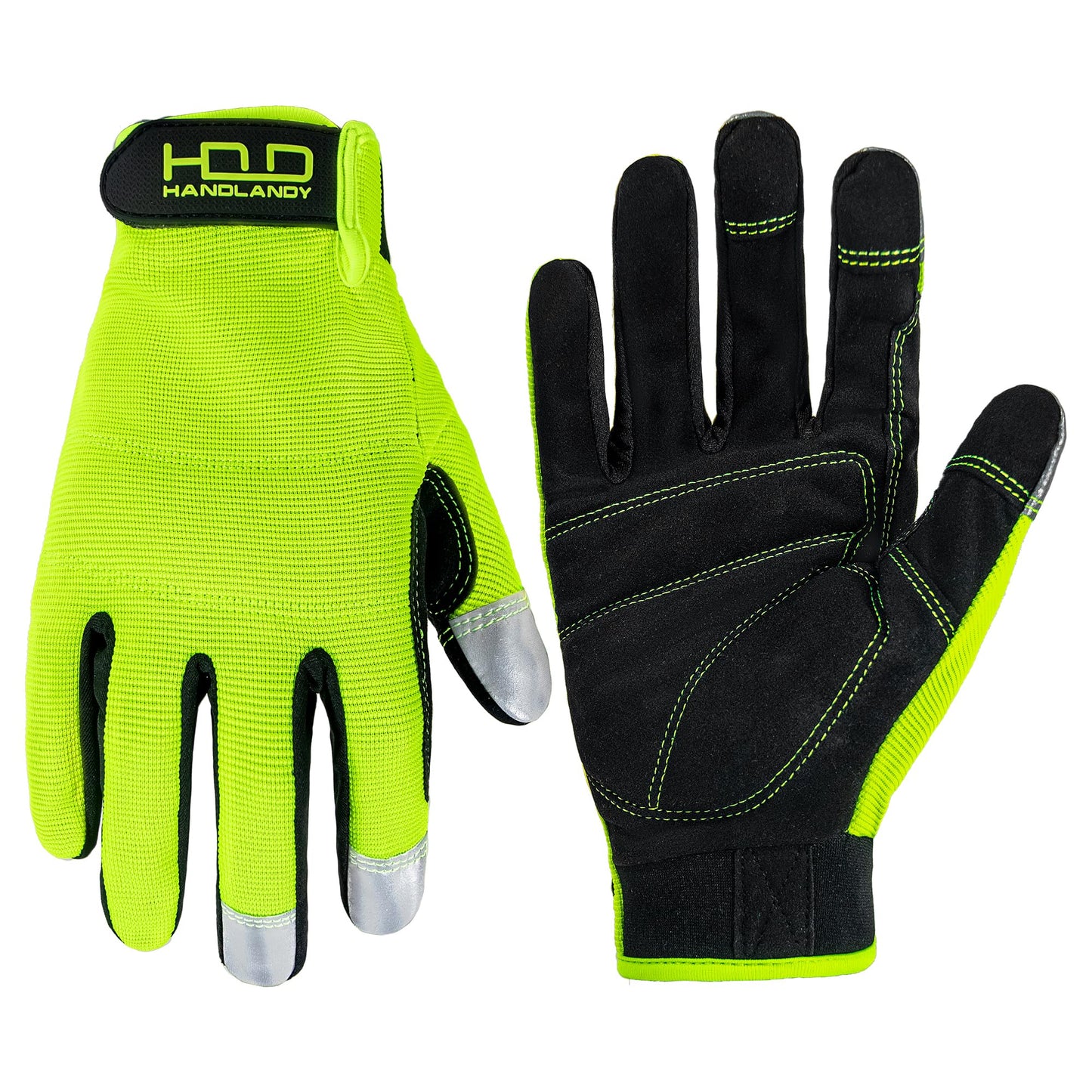 HANDLANDY Mens Work Gloves Touch Screen, Synthetic Leather Utility Gardening Gloves, Flexible Breathable Spandex Back- Padded Knuckles & Palm (Hi-vis Yellow, L)