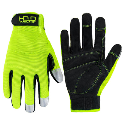 HANDLANDY Mens Work Gloves Touch Screen, Synthetic Leather Utility Gardening Gloves, Flexible Breathable Spandex Back- Padded Knuckles & Palm (Hi-vis Yellow, L)
