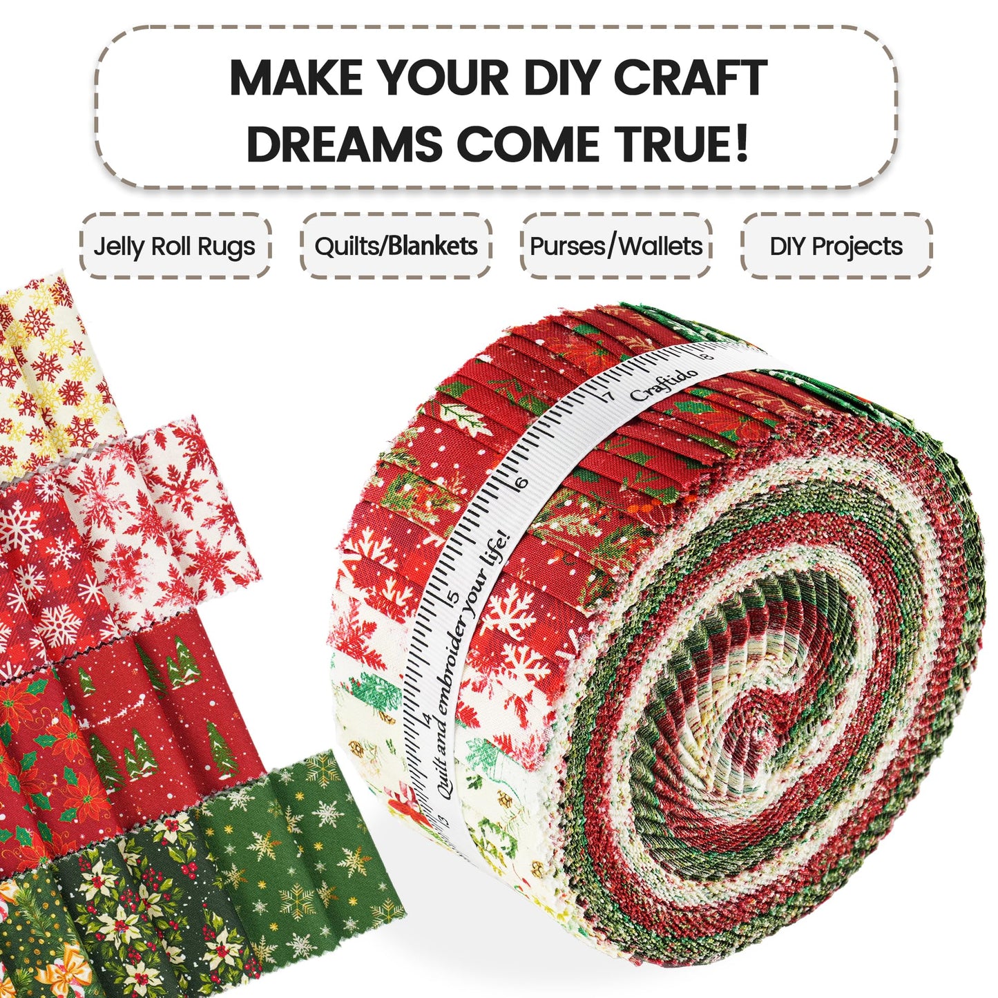 Craftido-20 Options-100% Cotton Jelly Roll Fabric Precut Strips for Quilting, Crafting, and Sewing, 40 Strips 2.5" x 44" Assorted Bundles for Rugs, Quilts, DIY Crafts and Home Decor-Winter Christmas