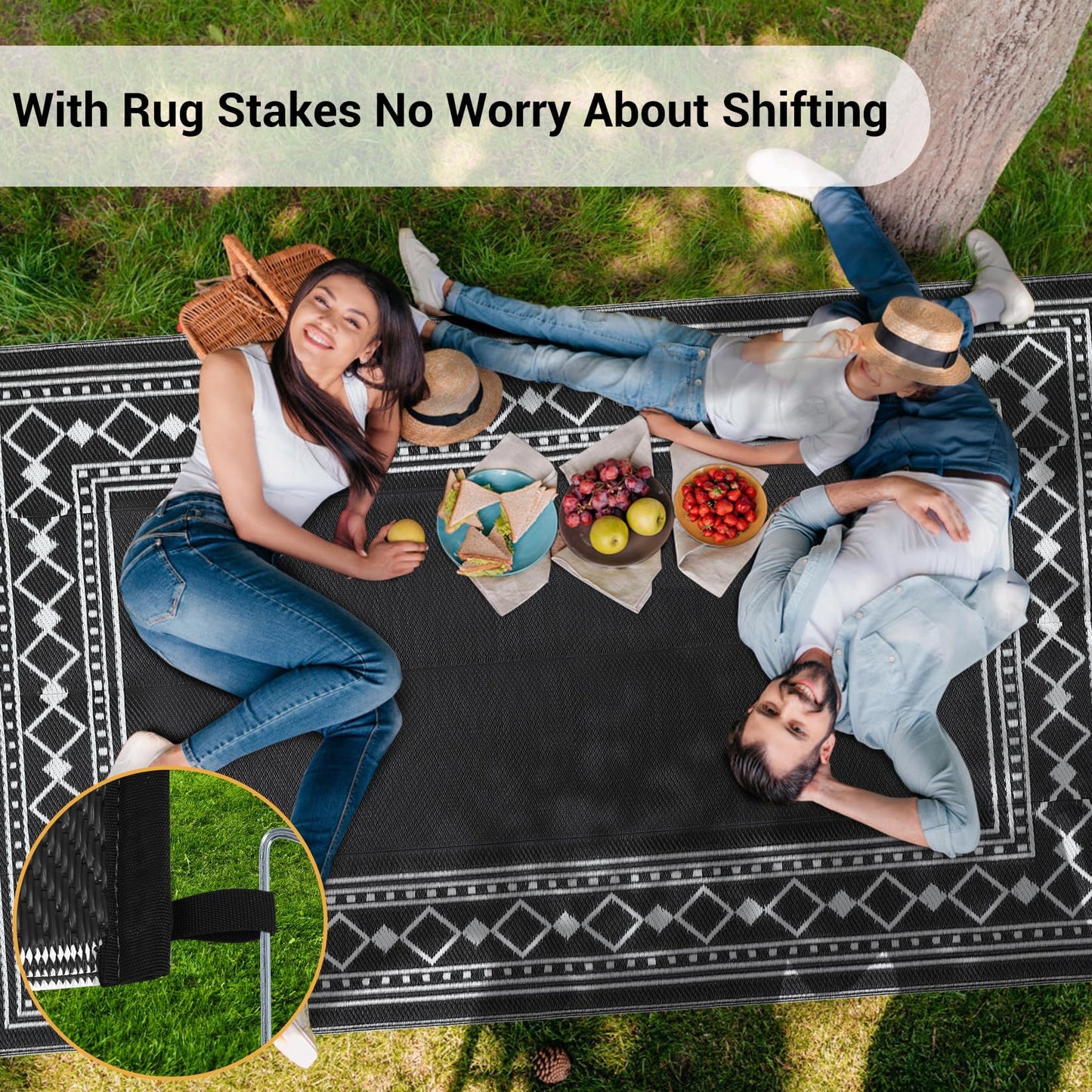 GlowSol 10x14 Outdoor Rug Waterproof Reversible Camping Mat, Plastic Straw Rug for RV Deck Backyard Porch Balcony Lawn & Beach, Easy Cleaning Outdoor Patio Rugs for Outside Decor, Black/White