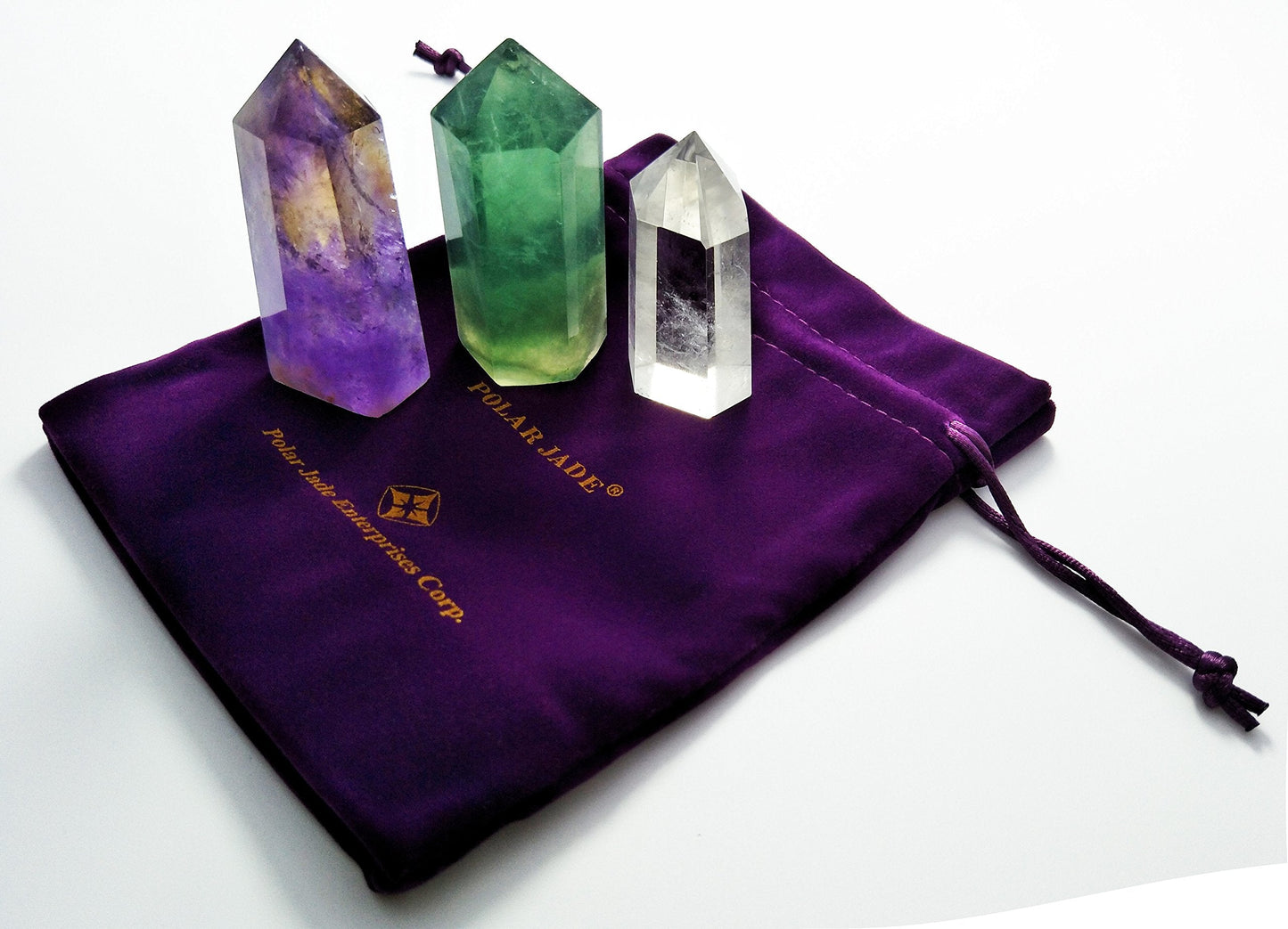 Set of 3 Healing Crystal Wands of 3 Stones: Clear Quartz, Fluorite, Amethyst Pointed & Faceted Prism Bars for Reiki Chakra Meditation Therapy Decor