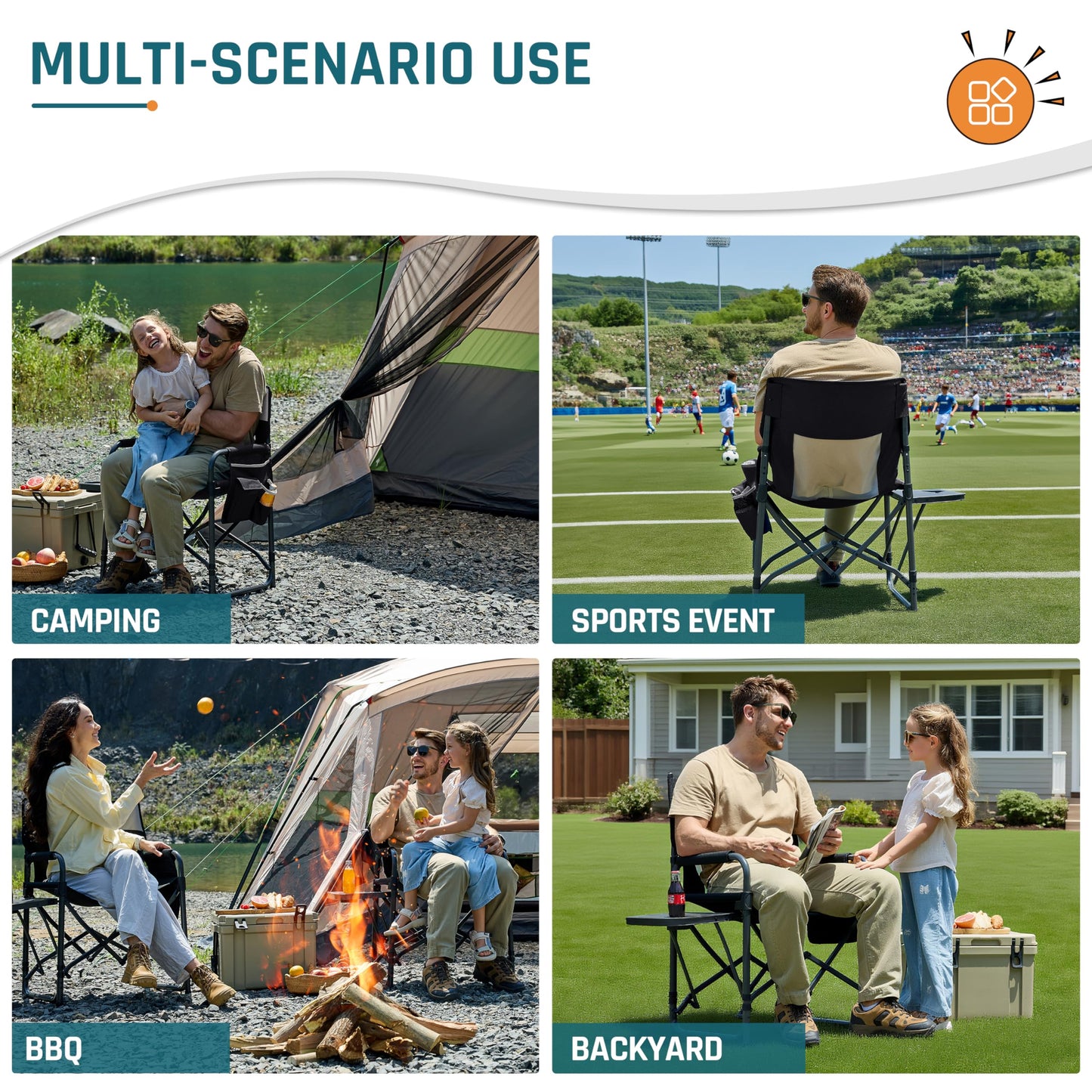 2 Pack Camping Chairs for Adults Directors Chair with Side Table, 1-Step Setup, Mesh Backrest Folding Lawn Chairs with Pocket, Foldable Camp Chair for Outdoor, Picnic, Sports and Fishing, Black