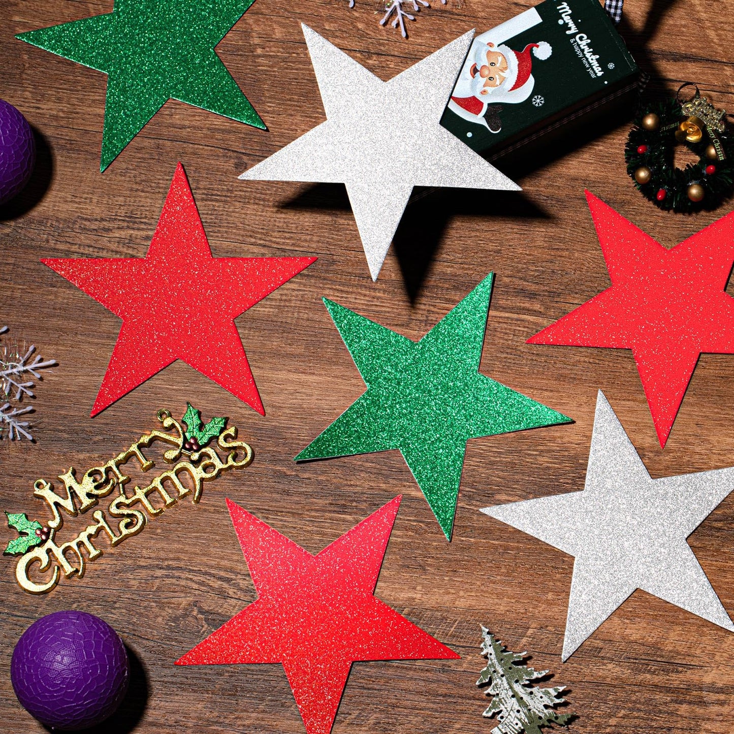 Gejoy 80 Pieces Glitter Star Cutouts Paper Star Confetti Cutouts for Bulletin Board Classroom Wall Party Decoration Supply (Red, Silver, Green,6 Inches Length)