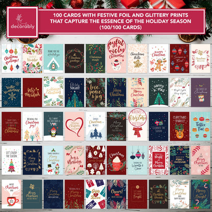 Decorably 100 Pack Foiled & Glittery Boxed 6x4in Assorted Christmas Cards with Envelopes and Stickers, 100 Unique Holiday Designs Seasons Greetings for Loved Ones, Printed Message - Gifting, Mailing