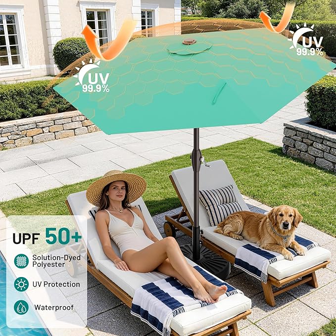 AreShark 7.5FT Patio Umbrella Table Market Umbrella with 6 Sturdy Ribs, Button Tilt/Crank Heavy-Duty Round Outdoor Umbrellas for Garden, Deck, Backyard,and Pool, Aruba Blue