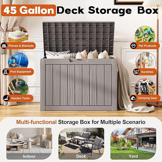 Outdoor Storage Box, Resin Deck Boxes Indoor and outdoor, Waterproof Storage Box Lockable Lid (Grey, 45 Gallon)