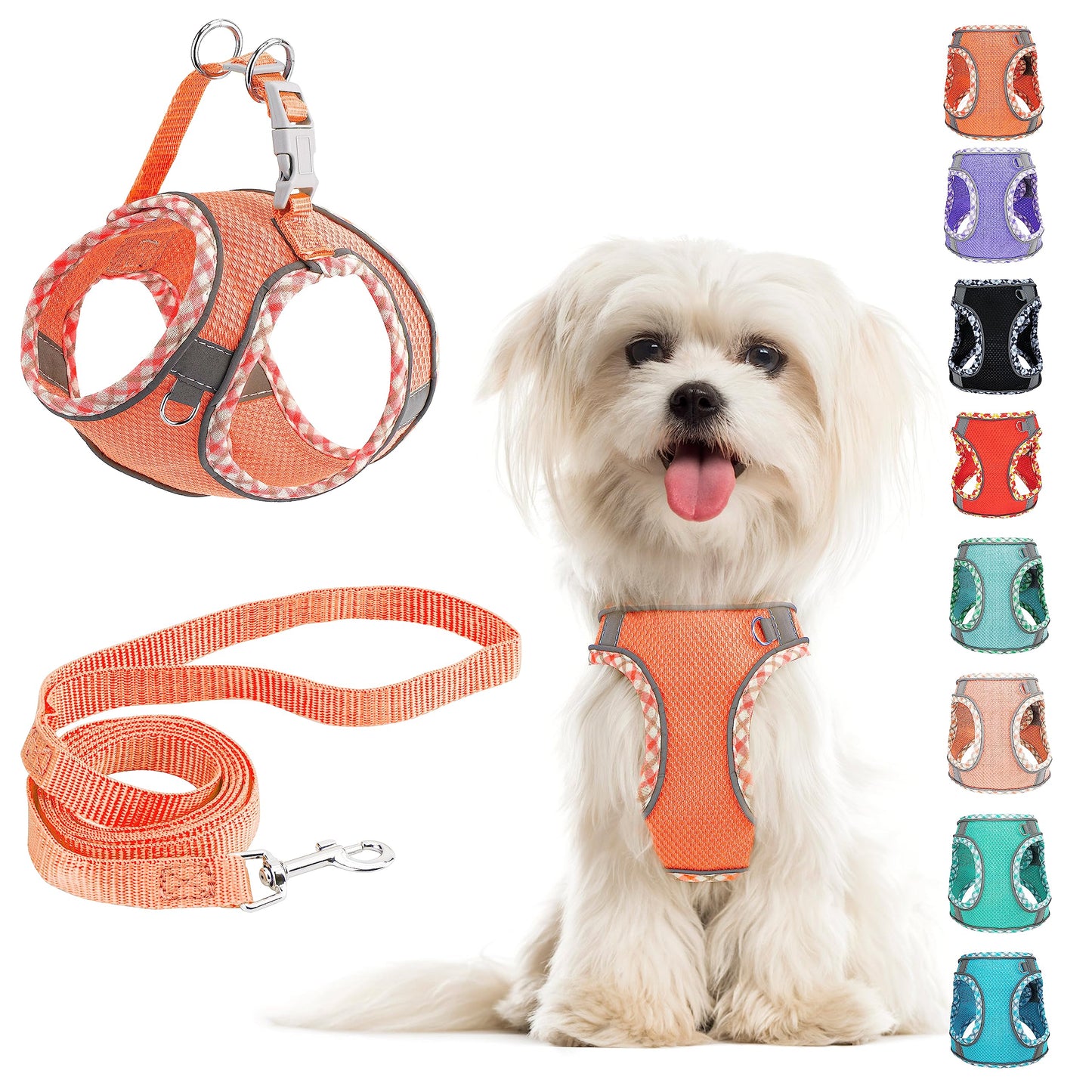 No Pull Dog Harness and Leash Set - Adjustable Reflective Breathable Mesh Step in Easy Walk for Extra Small/Small Medium Cats Puppy Outdoor Hiking Training (Orange L)