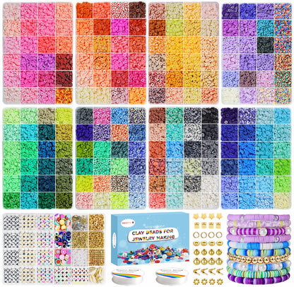 Redtwo 28000 Pcs Clay Beads Bracelet Making Kit, 192 Colors 9 Boxes Flat Polymer Heishi Beads Set for Friendship Jewelry Making with Pendant Charms Crafts Gifts for Girls Ages 6-12 Kids Adults