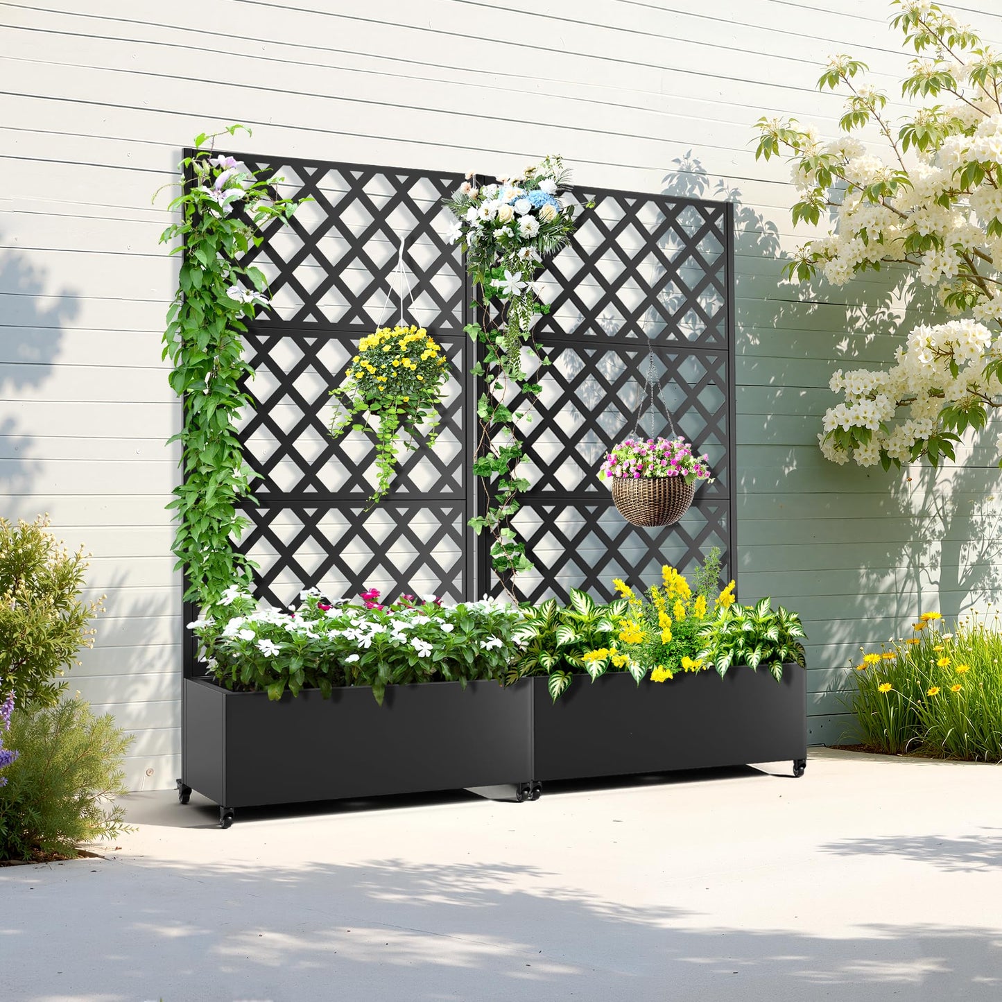 TUYOHW Metal Planter Box with Trellis, Raised Garden Bed with Privacy Screen, Outdoor Planter Box for Climbing Plants, Vine Support Flower Bed with Drainage Holes for Garden, Patio, Balcony