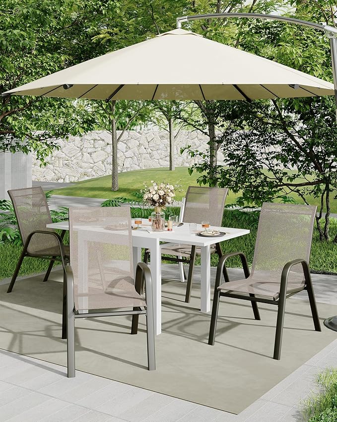 Outdoor Stackable Dining Chairs Set of 4, High-Back Patio Stacking Chairs, Patio Chairs with Textilene Farbic & Metal Frame for Lawn Backyard Deck Garden,Brown