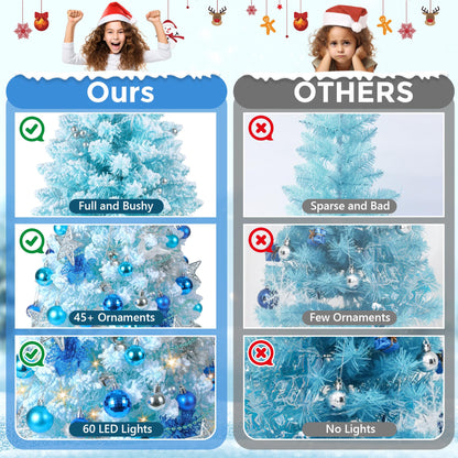 2FT Snow Flocked Christmas Tree, Blue Mini Christmas Tree, Artificial Tabletop Christmas Trees with 60 LED Lights,100 Branch Tips, 47 Ornaments, Small Prelit Xmas Tree for Home Party