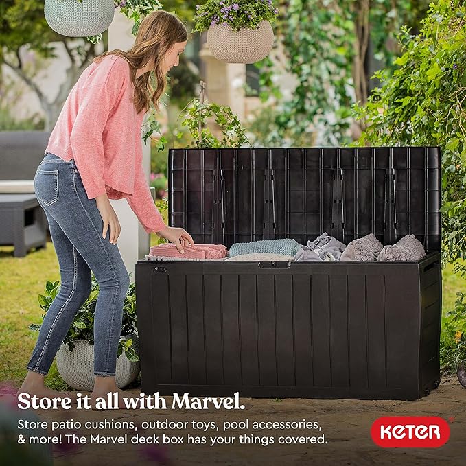 Keter Marvel Plus 71 Gallon Resin Outdoor Storage Box for Patio, Balcony & Garden – Weather‑Resistant Deck Box for Cushions, Pillows, Pool Floats & Tools, Brown