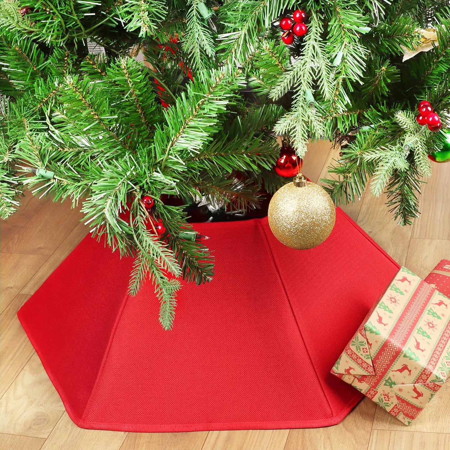 Christmas Tree Collar Red Hexagon Folable Christmas Ring Tree Skirt for Artificial Trees Base Stand Cover Xmas Trees Decoration