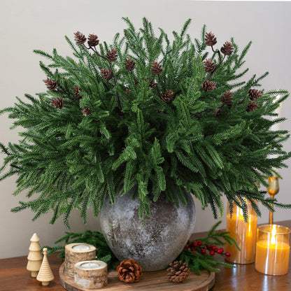 HyeFlora 14 PCS Christmas Norfolk Pine Stems with Small Pine Cones Branches, 19 In Real Touch Artificial DIY Greenery Pine Needles Picks,Xmas Faux Cedar Pine Branche for Vase Indoor Outdoor Home Décor
