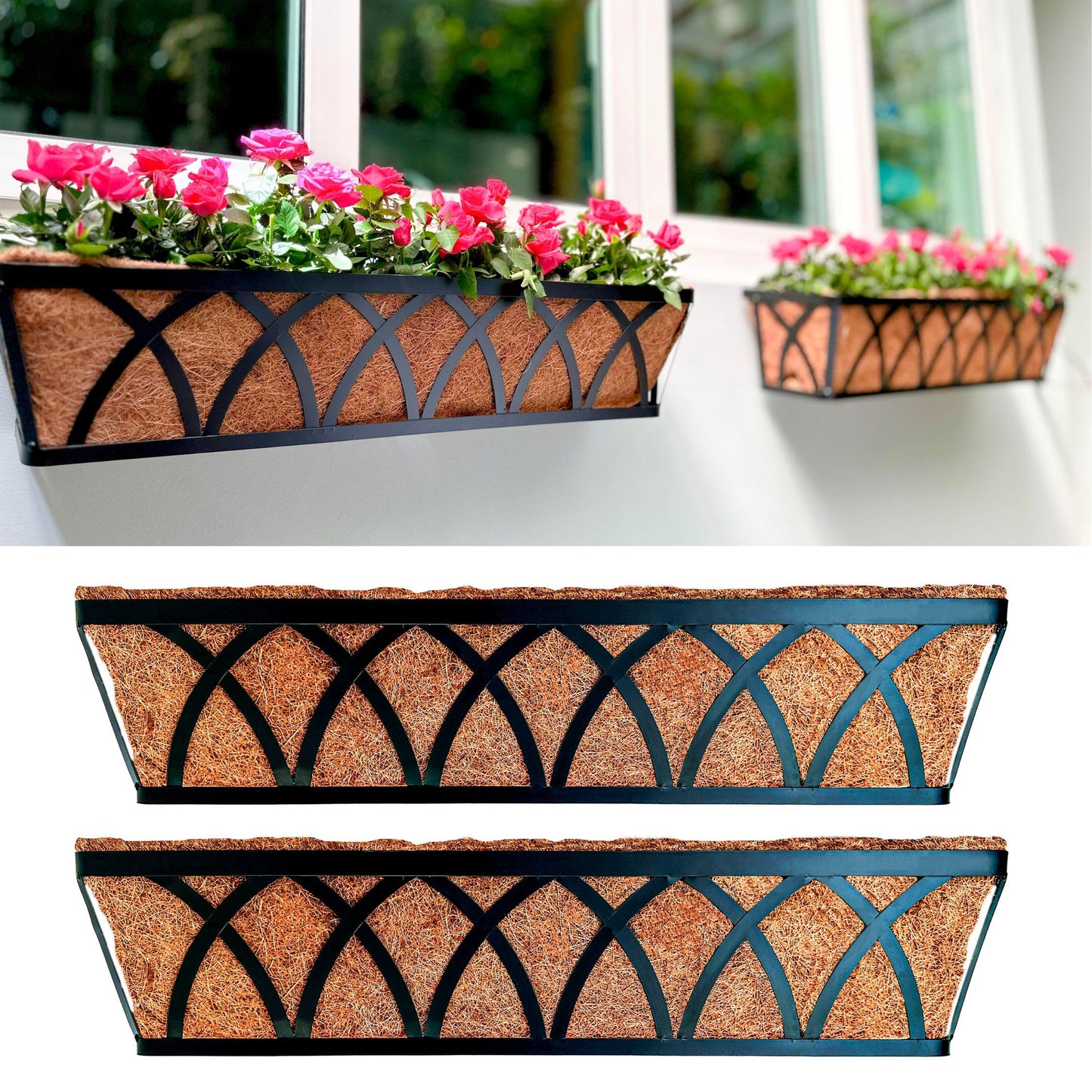 LaLaGreen Wall Planters (2 Pack, 36 Inch) Black Metal Rectangular Hanging Window Planter Box with Coco Liner Attach House Outdoor, Flower Basket Plant Holder Deck Railing Patio Porch Balcony Fence