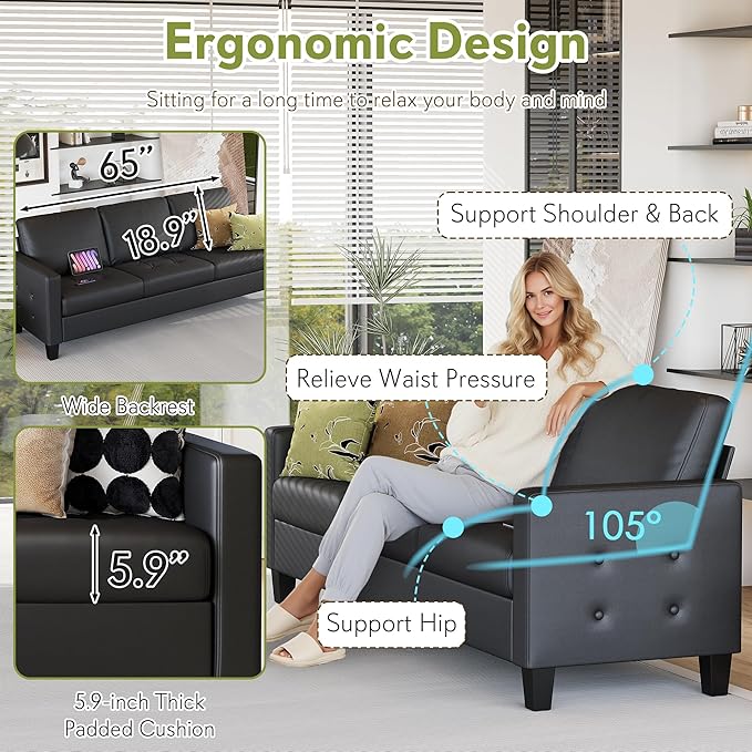 STHOUYN Black Faux Leather 3 Seater Sofa and Accent Chair, Modern Comfy Office