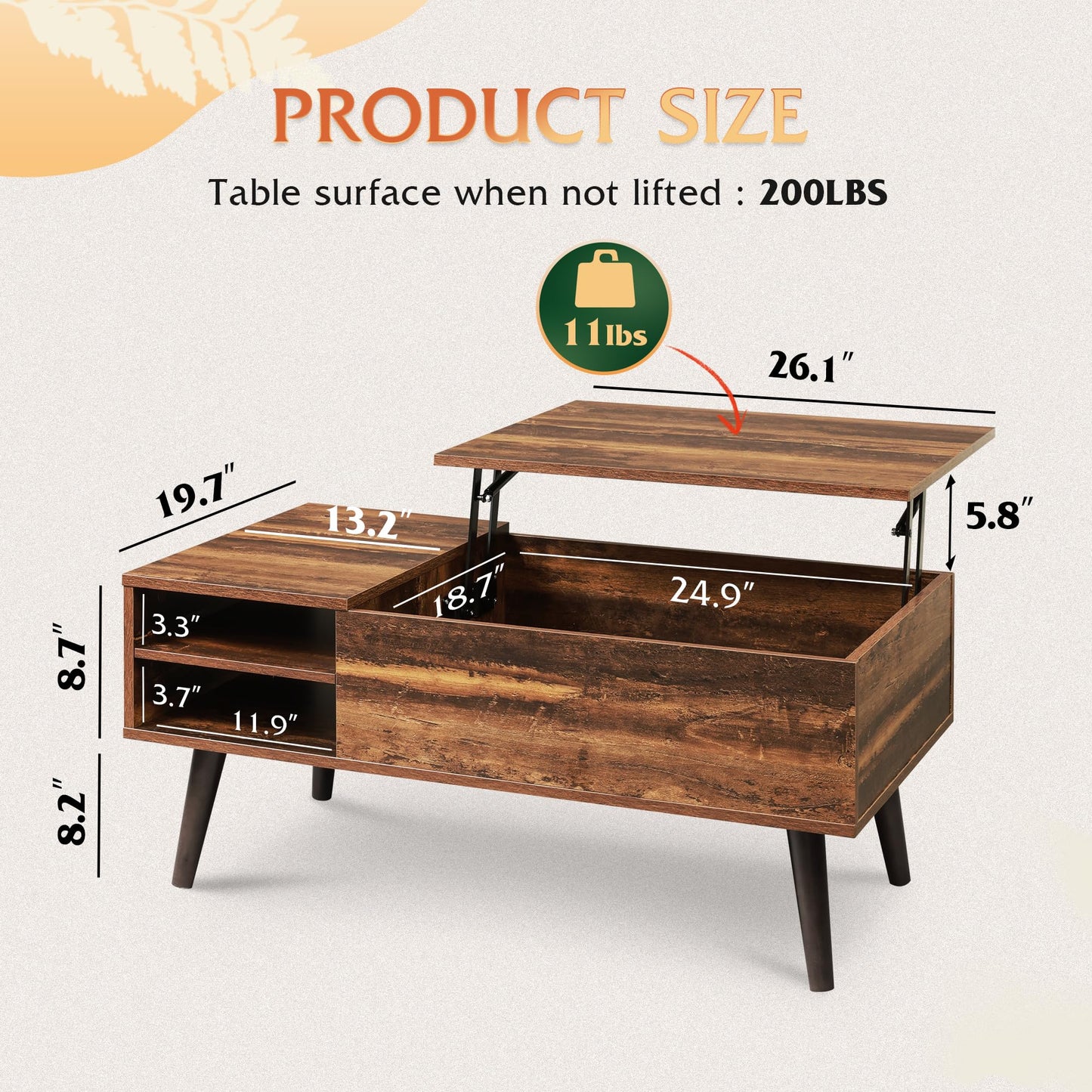 WLIVE Lift Top Coffee Table for Living Room,Small Coffee Table with Storage, Adjustable Shelf and Storage Compartment, Mid Century Modern Living Room Table, Wood, Rustic Brown