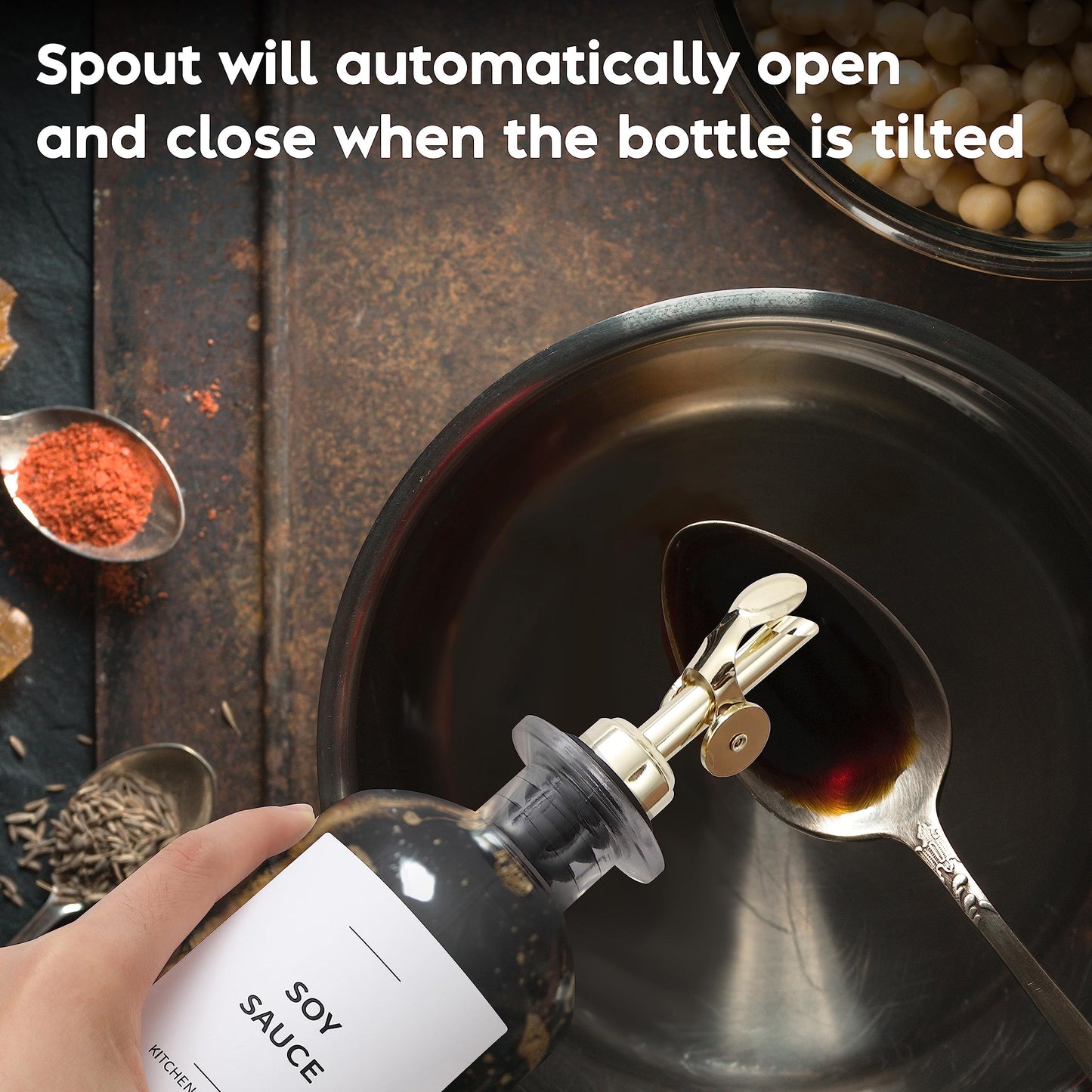 Spaceneat Olive Oil Dispenser Bottle - Includes 55 Kitchen Essential Labels - Cooking Oil Bottles for Kitchen, Coffee Syrup Dispenser - Pourer Spout with 11.8 fl oz Glass Container Cruet - 2pcs, Gold