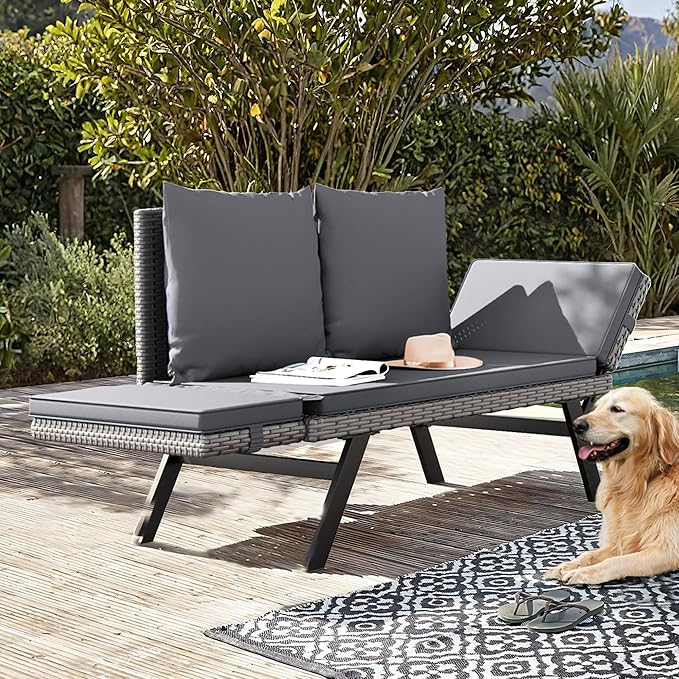 Flamaker Outdoor Convertible Sofa, Woven Rattan Patio Furniture Sunbed