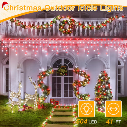 Ollny Icicle Lights for Outside 504LED 41FT, Red and White Christmas Light with Remote 8Modes Timers Waterproof, Plug in Connectable Hanging Lights for Outdoor Indoor House Roof Holiday