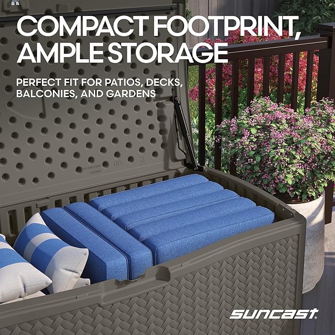 Suncast Extra Large Deck Box - 124 Gallon Resin Outdoor Storage Box with Lockable Lid for Outdoor Cushion Storage, Toys, & Garden Gear, Stoney Grey Wicker Bin for Patio, Porch, Pool, & Yard