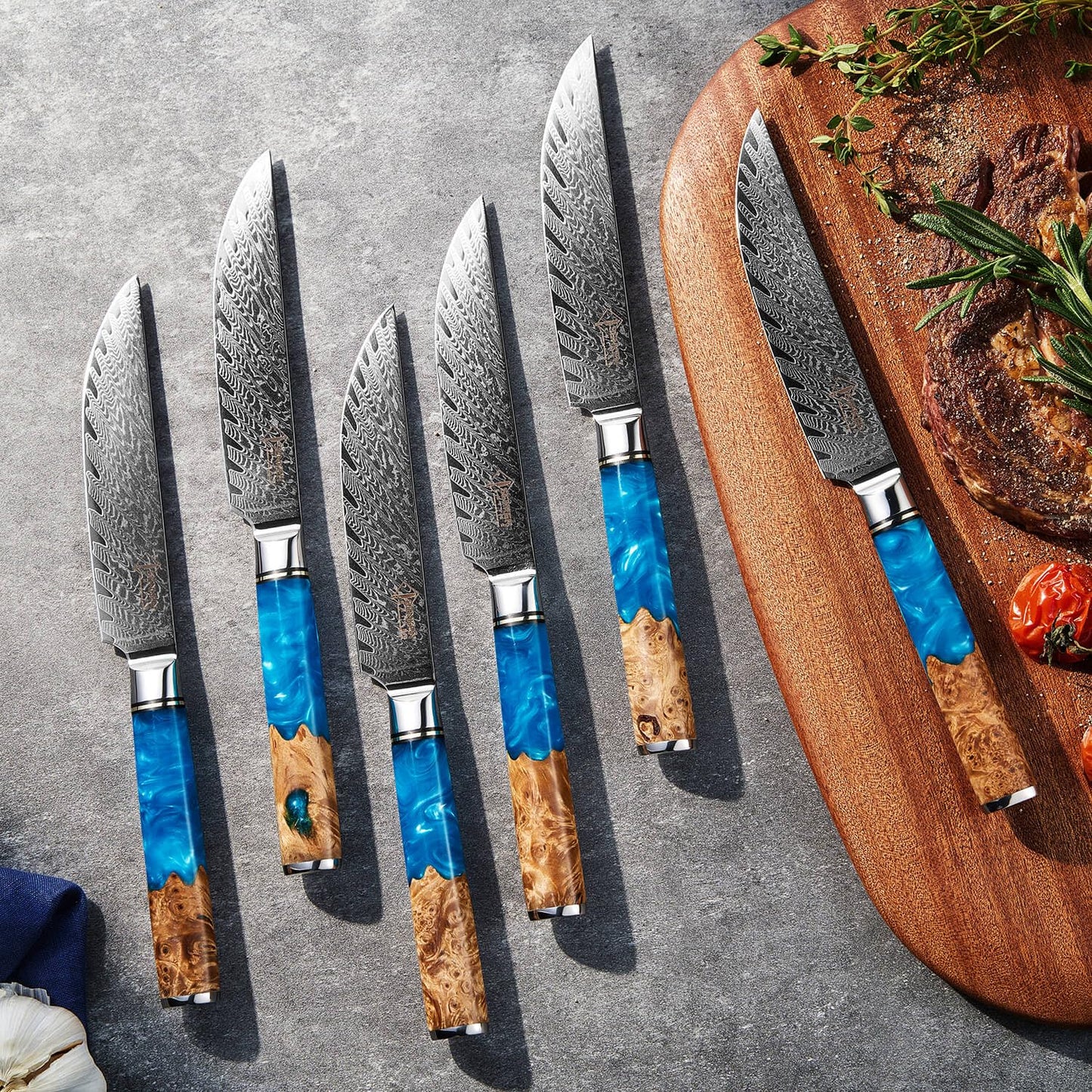 SENKEN Damascus Steak Knife Set - Tsunami Collection - 67-Layer Japanese VG10 Steel - Razor Sharp Non-Serrated Blades, Blue Resin & Natural Wood Pattern Handles, Luxury Gift Box (8 Steak Knife Set)