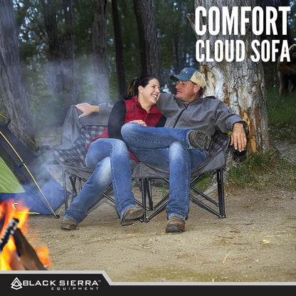 Black Sierra Double Loveseat Comfort Camping Couch, Oversized Folding Chair for Adults, 600‑lb Capacity, Plush Padded Heavy Duty Outdoor Seat with Cup Holders & Carry Bag for Beach, RV