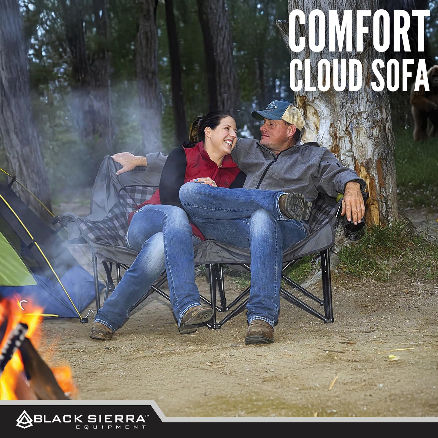 Black Sierra Double Loveseat Comfort Camping Couch, Oversized Folding Chair for Adults, 600‑lb Capacity, Plush Padded Heavy Duty Outdoor Seat with Cup Holders & Carry Bag for Beach, RV
