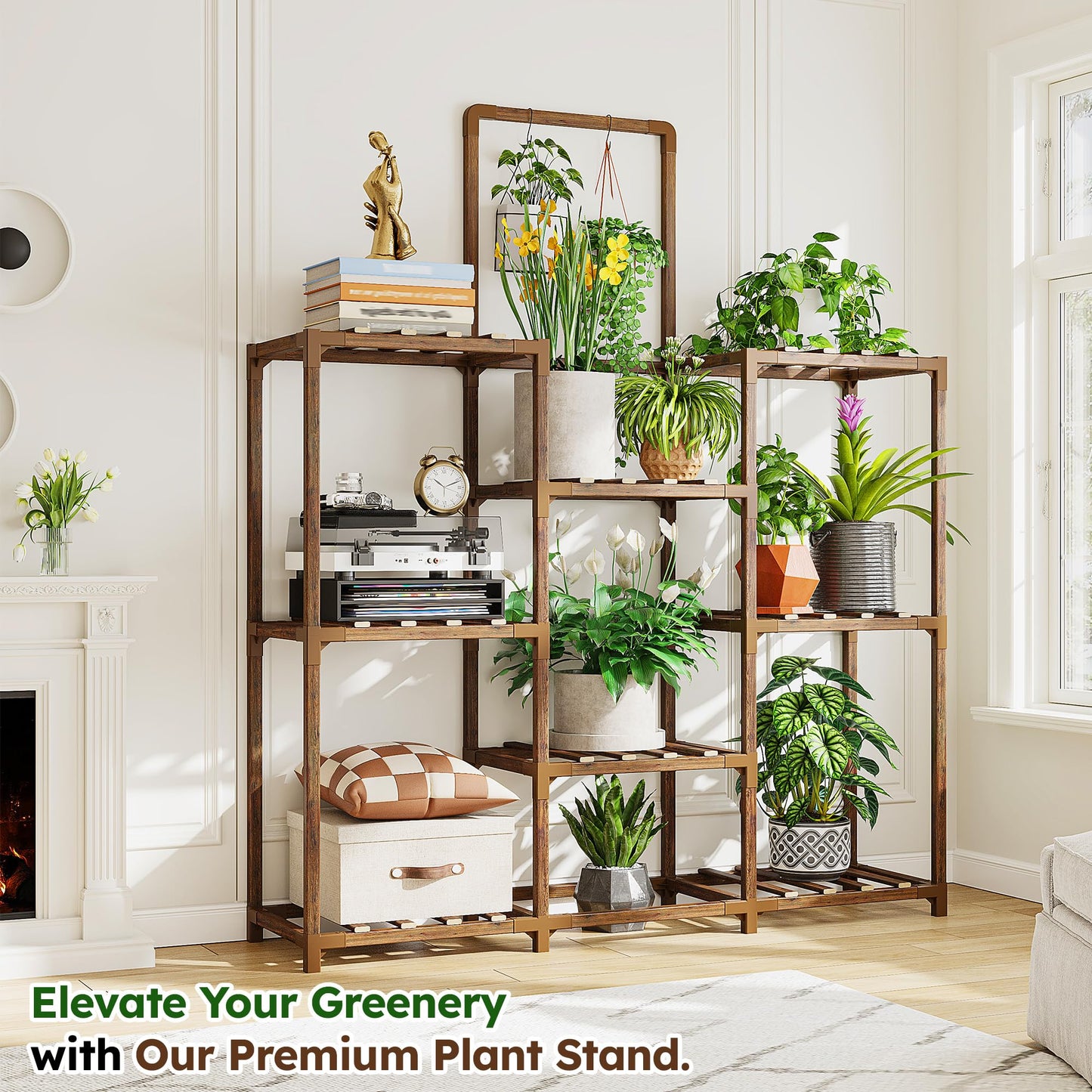 EnHomee Plant Stand, 8 Tiers Indoor Plant Stand for Multiple Plants Pot, Wood Plants Shelves for Living Room, Patio, Balcony, Yard, Garden, 34.3" W x 11.8" D x 47.2" H