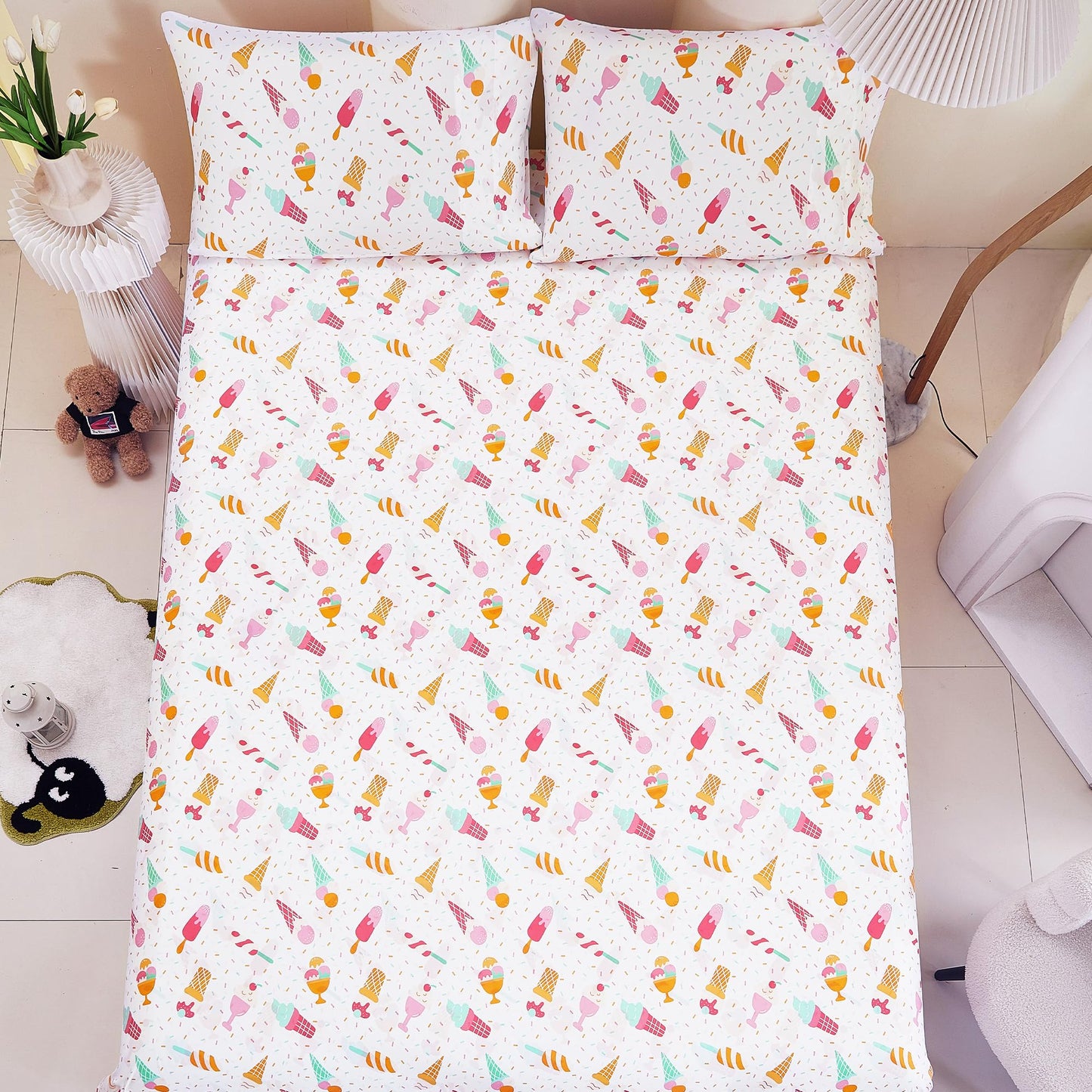 CozySmile Full Sheet Set Kids,4 Pieces Breathable Soft Microfiber Bedsheets for Child Girls, Oeko-TEX, Anti Pilling Deep Pockets Easy Care Bed Sheets, Ice crea