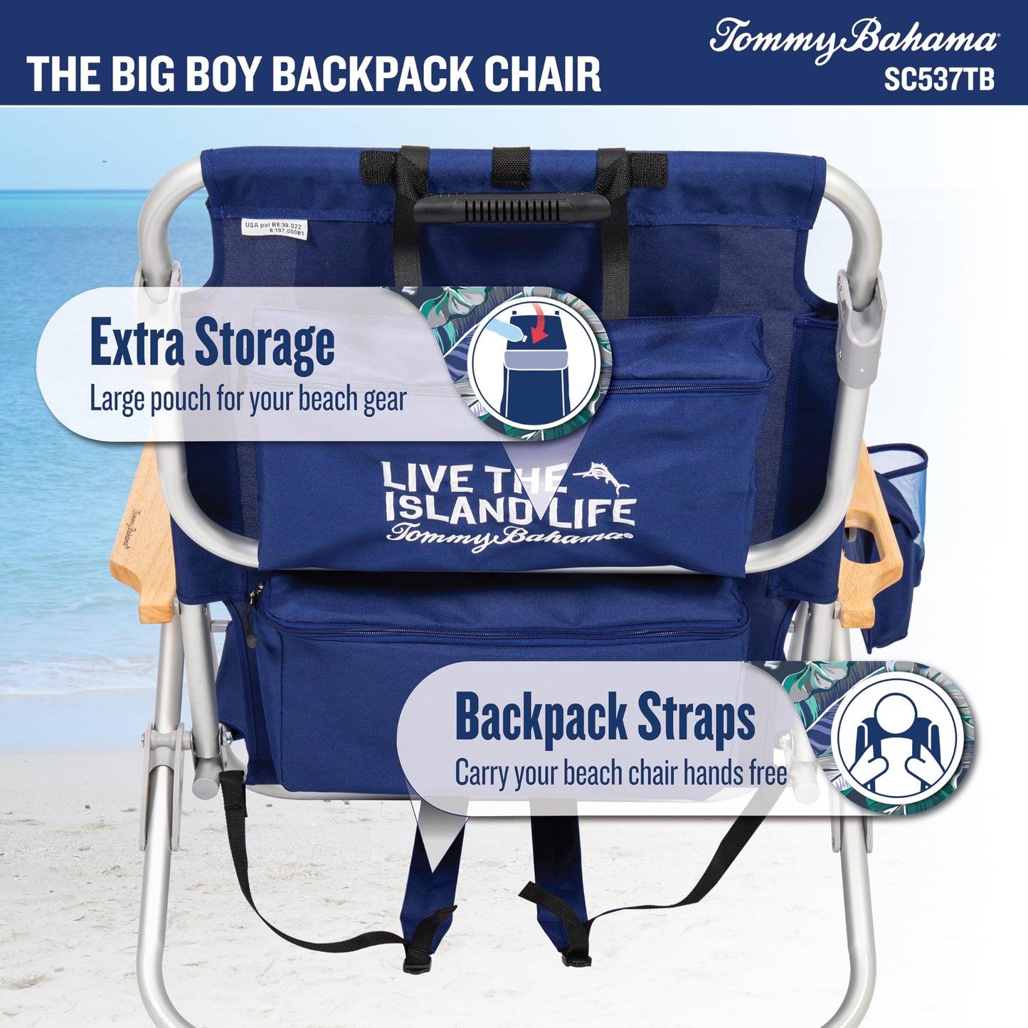 Tommy Bahama Big Boy 4-Position Folding 13" High Seat Backpack Beach or Camping Chair, Aluminum, Navy
