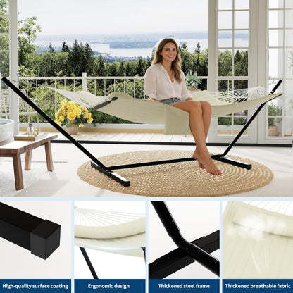 GarveeLife 2 Person Double Hammock with Stand and Pillow - 450 Lbs Capacity Heavy Duty Hammock with Balance Rope, Large Outdoor Hammock for Patio Backyard Poolside