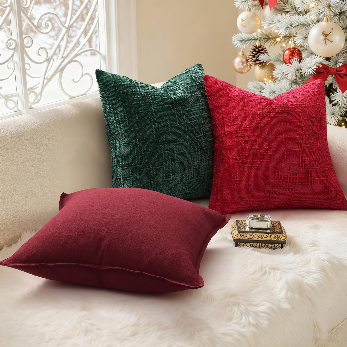 decorUhome Christmas Red Chenille Throw Pillow Covers 18x18 Set of 2 Thick Textured Slubby Couch Pillow Covers Farmhouse Accent Modern Neutral Decorative Pillow Cases for Bed Sofa Living Room