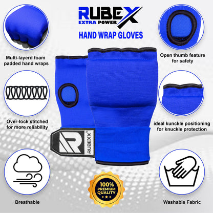 RUBEXX Slip on Boxing Hand Wraps Padded Thick Knuckle Inner Gloves 36 inches Elastic Wrist Strap Quick Wrap Under Mitts Martial Arts Muay Thai MMA Kickboxing Men Womem (Blue, S)