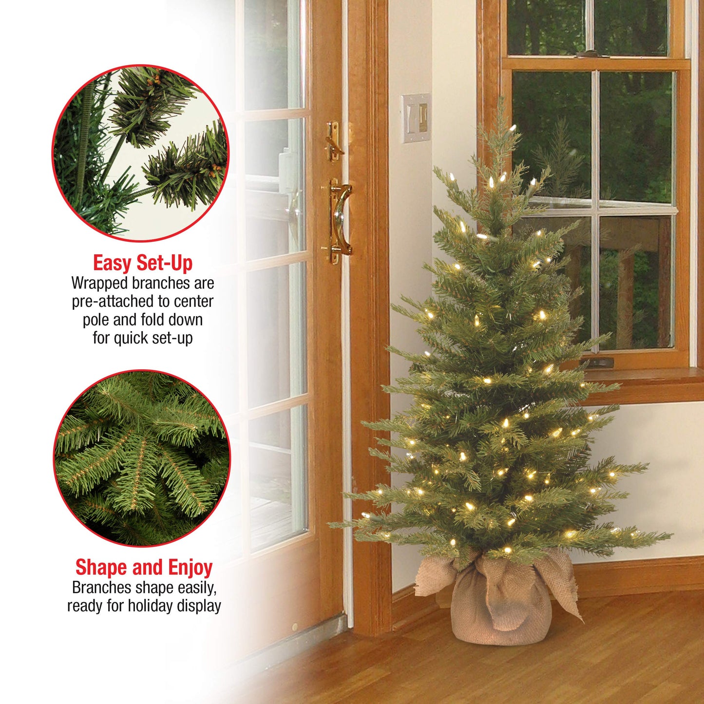 National Tree Company 3 ft Pre-Lit Nordic Spruce Mini Artificial Christmas Tree, 100 Clear Lights, 363 Tips, Burlap Base, Green