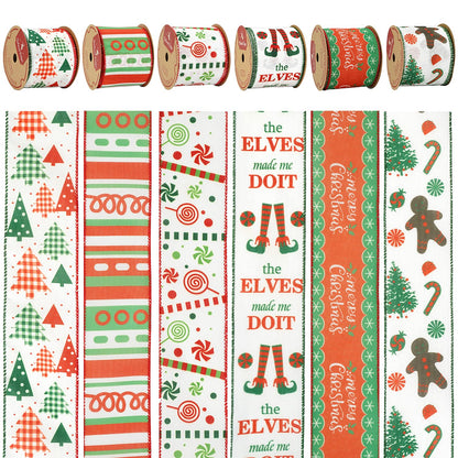 MEEDEE Christmas Ribbon Set - Wired Burlap Ribbon, 2.5 Inch, 6 Rolls, 36 Yards, Red & Green for Trees, Wreaths & Decorations