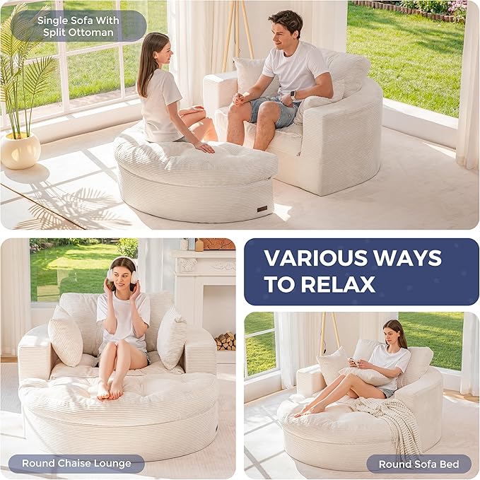 MAXYOYO Oversized Round Chaise Lounge Sofa, Upholstered Lounge Chair