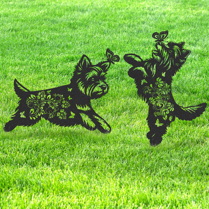 LIRAVENO Yorkie Metal Garden Stakes - 2 Pcs Animal Yard Statues Dog Decor Patio Lawn Decoration Outside Waterproof Butterfly Flower Silhouette Pathway Sign Christmas Birthday Gifts for Dogs Lover