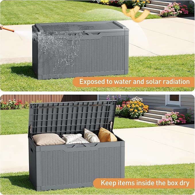 Greesum 100 Gallon Resin Deck Box Large Outdoor Storage Boxes with Cushions for Garden Tools, Patio Furniture Pillows, Pool Supplies, Gray
