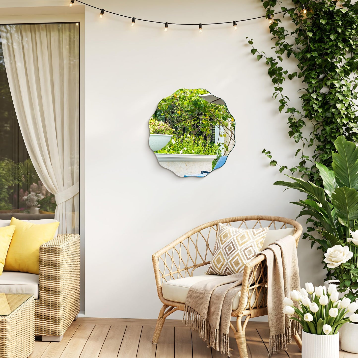 CILIBER Frameless Wavy Round Mirror, 18'' Scalloped Circle Wall Mirror, 3mm Tempered Glass Decorative Bathroom Vanity Mirror, Mounting/Leaning for Mantel, Living Room, Bedroom and Entryway