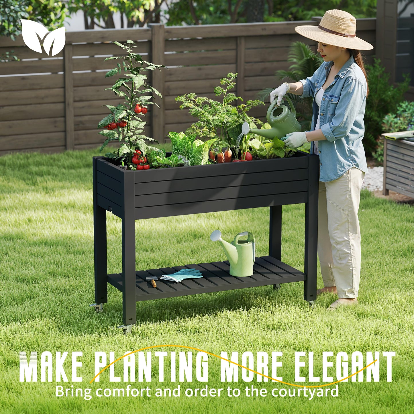 EasyUp 21 Gallon Raised Garden Bed with Legs and Wheels, Raised Planter Box with Drainage Plug and Gauge, Lower Shelf for Tools and Accessories, Dust-Proof Resin for Patio and Backyard(Black)