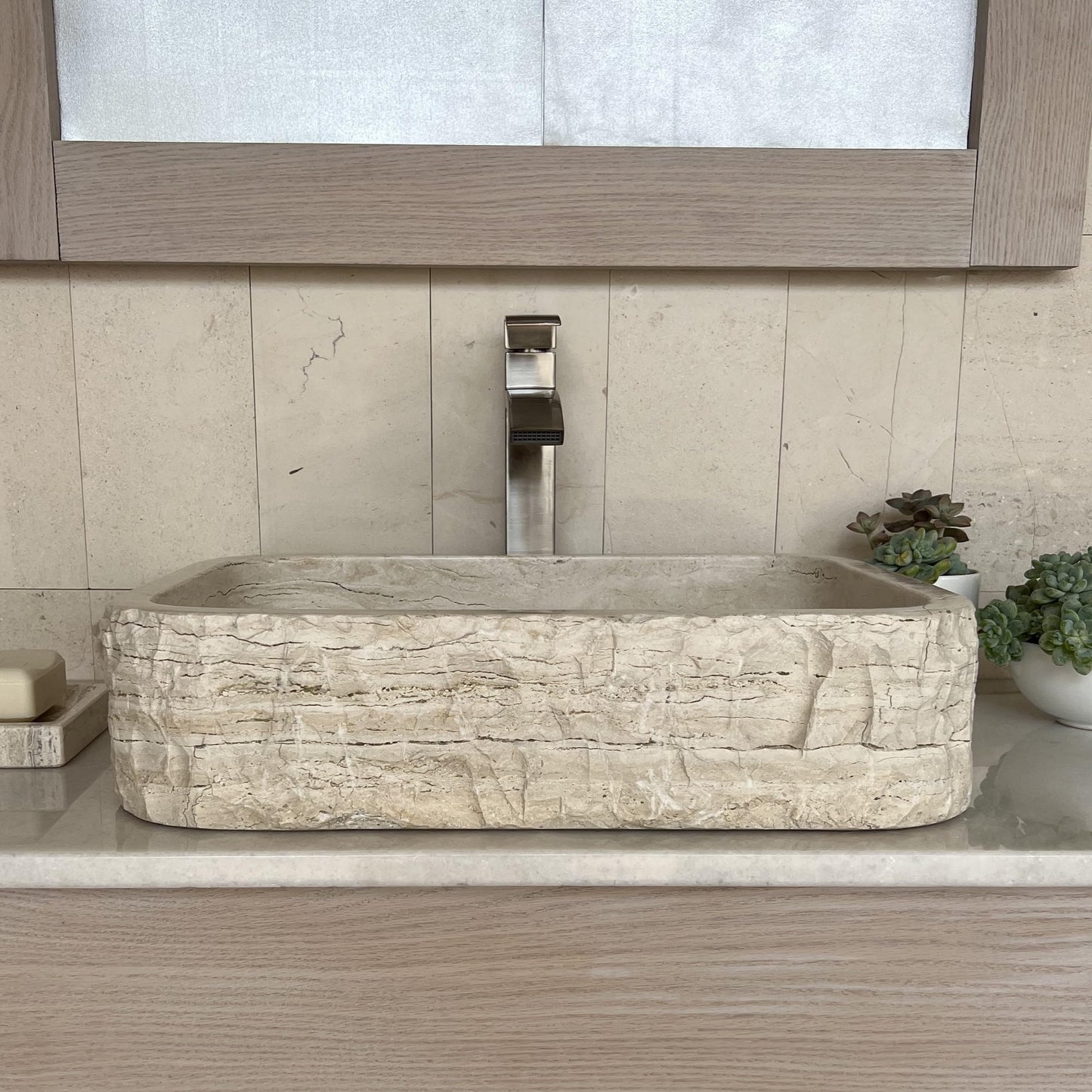 Shades of Nature Rectangular Travertine Vessel Sink, Natural Stone Wash Basin, Hand-Carved Bathroom Sink, Chiseled Exterior, Polished Interior, Above Counter Vanity (Soap Tray Included)
