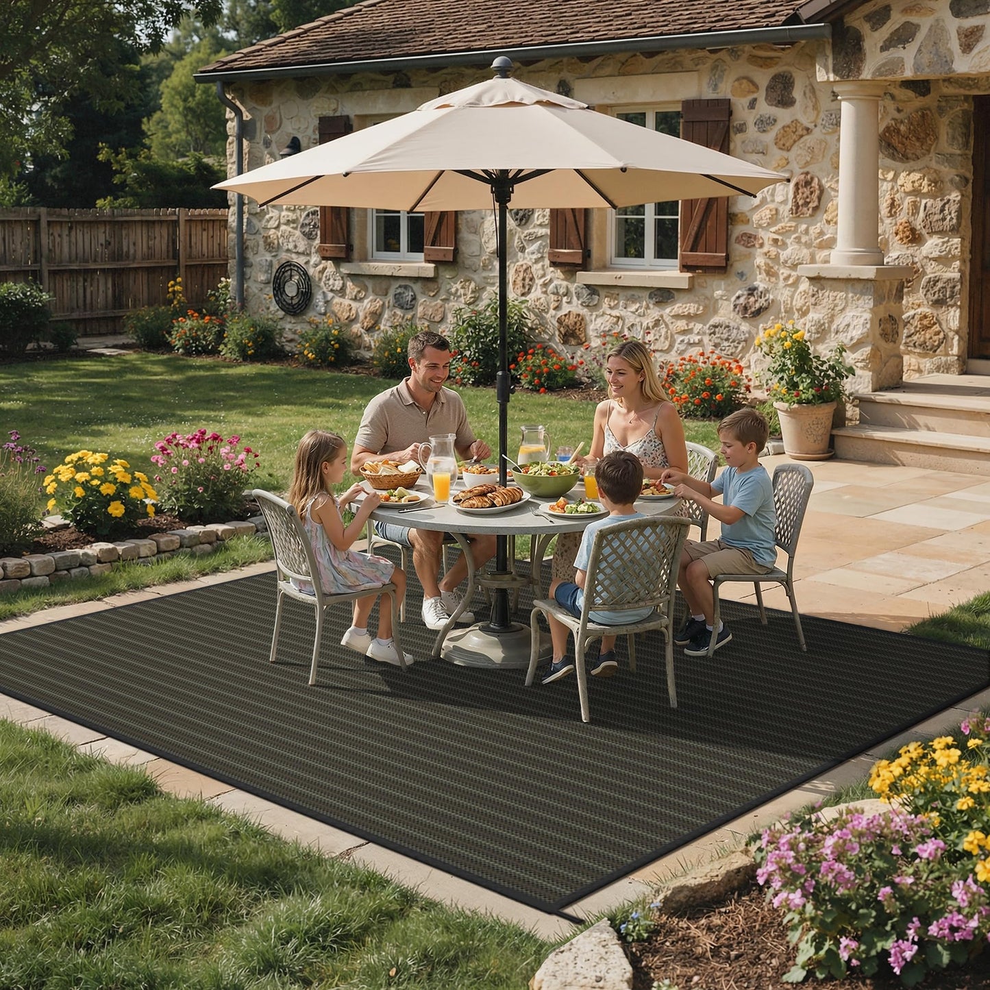 GENIMO Outdoor Rug for Patio Clearance, 10'x14' Reversible Plastic Straw Rugs, Lightweight Waterproof RV Camping Mat for Camper, Balcony, Deck, Backyard, Picnic, Black & Brown